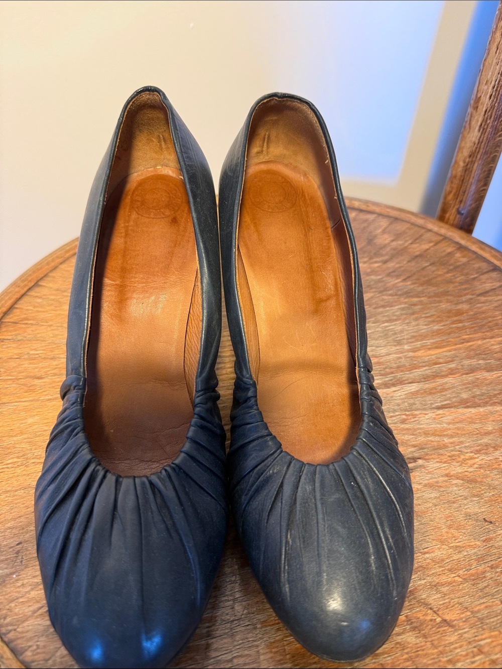 Dries Van Noten Navy Blue Ruched Leather Pumps